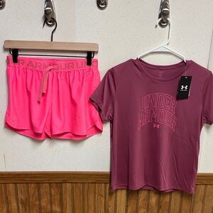 Under Armour - Girl’s Logo Tee & Shorts bundle (Youth Large)